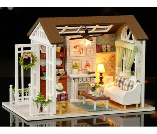 Leļļu mājas koka dzīvojamās istabas modelis montāžai LED 8008-A