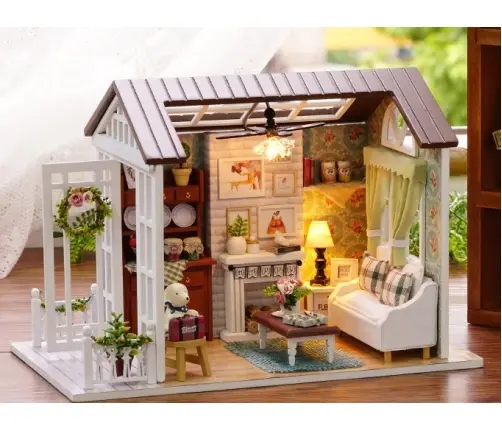 Leļļu mājas koka dzīvojamās istabas modelis montāžai LED 8008-A
