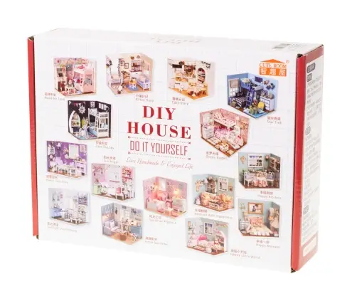 Leļļu mājas koka dzīvojamās istabas modelis montāžai LED 8008-A