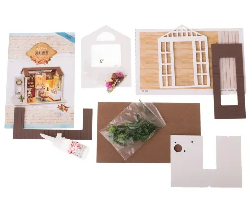 Leļļu mājas koka dzīvojamās istabas modelis montāžai LED 8008-A