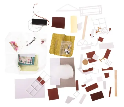 Leļļu mājas koka dzīvojamās istabas modelis montāžai LED 8008-A