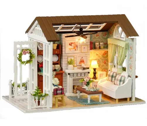 Leļļu mājas koka dzīvojamās istabas modelis montāžai LED 8008-A