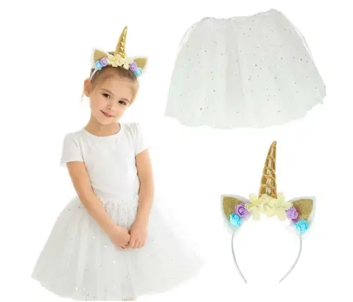 Vienradža karnevāla kostīms galvas lente + svārki balts 3-6 gadi
