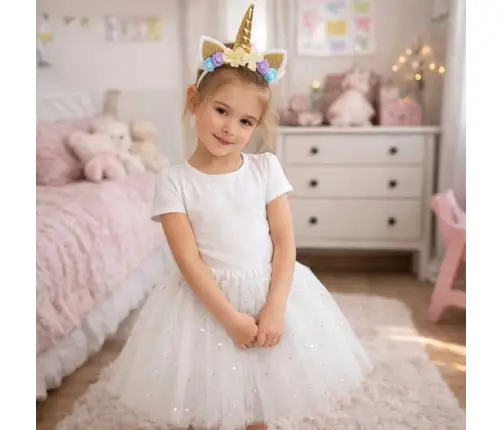 Vienradža karnevāla kostīms galvas lente + svārki balts 3-6 gadi