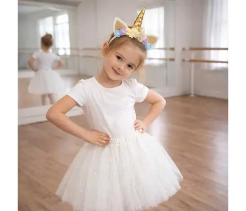 Vienradža karnevāla kostīms galvas lente + svārki balts 3-6 gadi