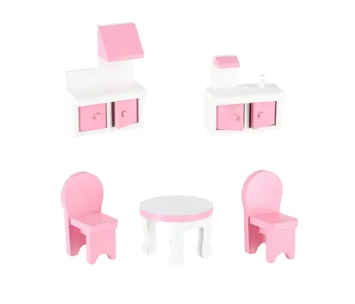 MDF koka leļļu māja + mēbeles 70cm rozā LED