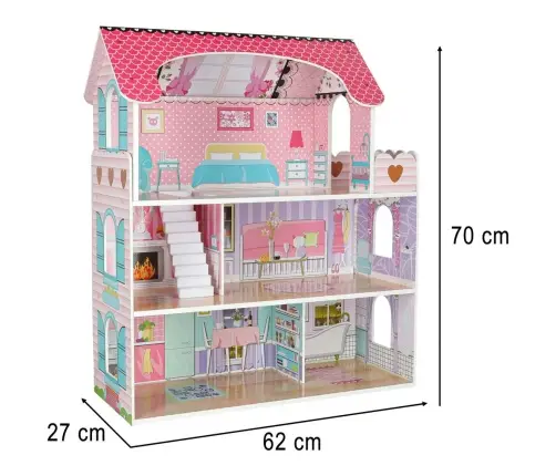 MDF koka leļļu māja + mēbeles 70cm rozā LED