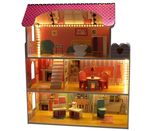 MDF koka leļļu māja + mēbeles 70cm rozā LED