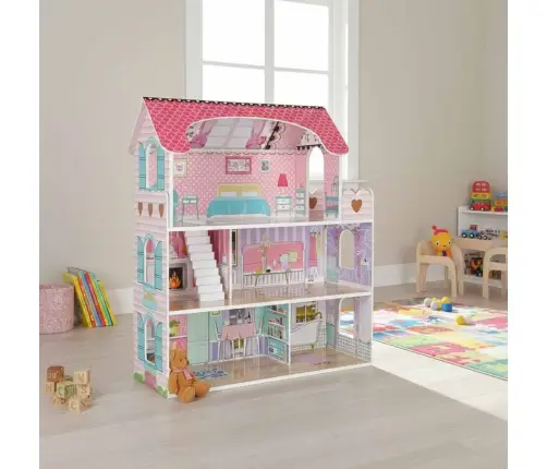 MDF koka leļļu māja + mēbeles 70cm rozā LED