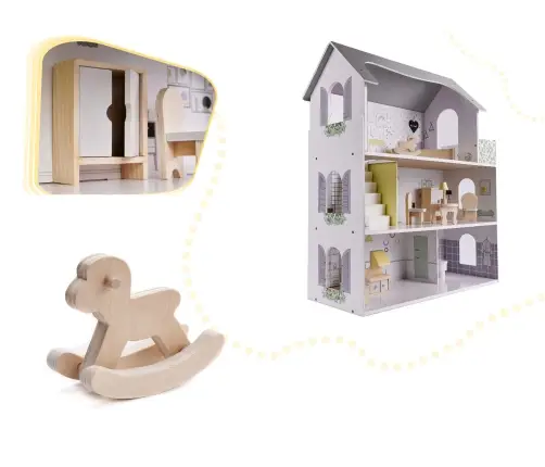 Koka leļļu māja + mēbeles 70cm pelēka