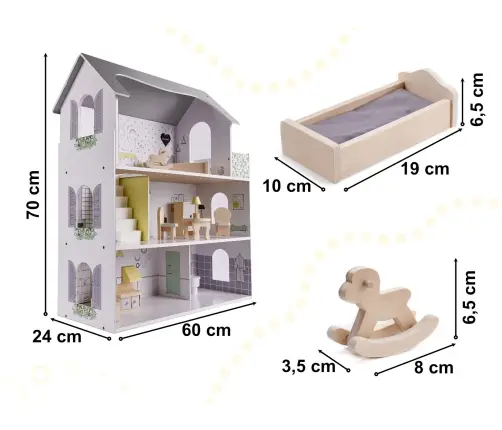 Koka leļļu māja + mēbeles 70cm pelēka