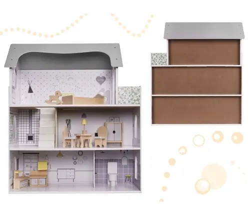 Koka leļļu māja + mēbeles 70cm pelēka