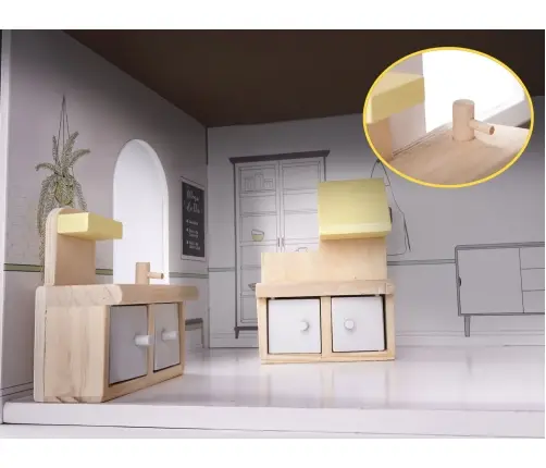 Koka leļļu māja + mēbeles 70cm pelēka