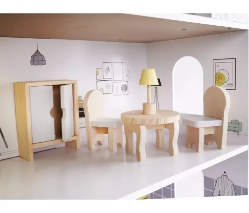 Koka leļļu māja + mēbeles 70cm pelēka