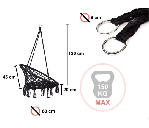 Stārķa ligzda krēsls šūpoles ar atzveltni melns 80cm + spilveni