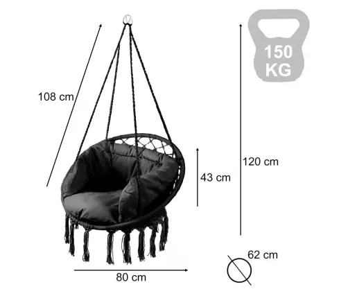 Stārķa ligzda krēsls šūpoles ar atzveltni melns 80cm + spilveni