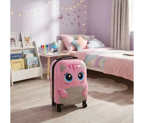 Bērnu ceļojumu koferis uz riteņiem kaķis rozā krāsā