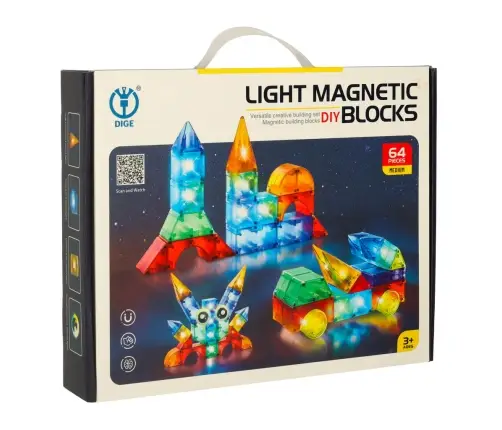 3D konstrukcijas magnētiskie ķieģeļi ar LED spīdēšanu 64 gab.