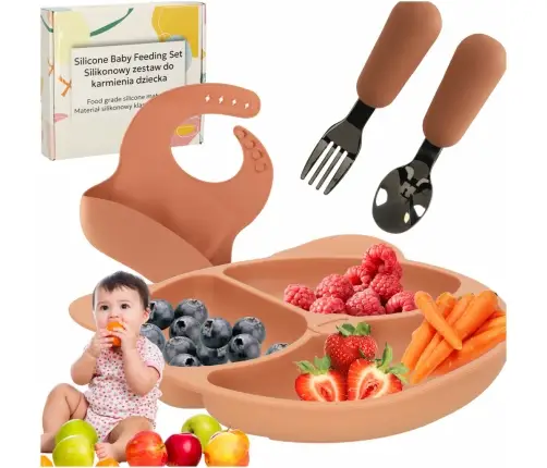 Silikona galda piederumu komplekts zīdaiņiem, 4 gab., oranžs lācītis