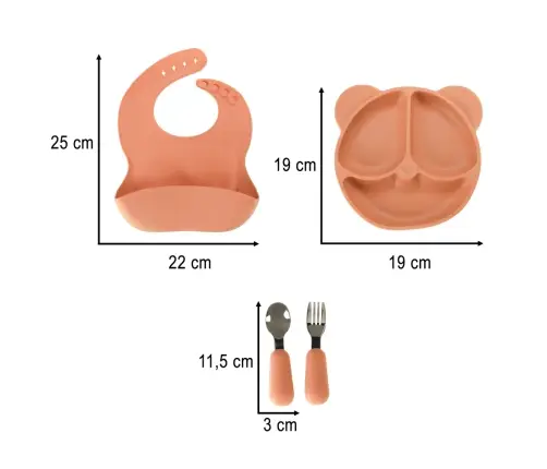 Silikona galda piederumu komplekts zīdaiņiem, 4 gab., oranžs lācītis