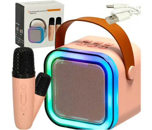 Karaoke komplekts 2 mikrofoni + portatīvais skaļrunis BLUETOOTH USB LED rozā krāsā