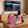 Karaoke komplekts 2 mikrofoni + portatīvais skaļrunis BLUETOOTH USB LED rozā krāsā