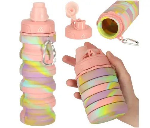 Ūdens pudele bidons silikona locīšanas ar rokturi sporta 500ml varavīksne