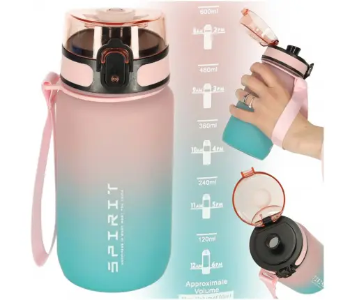 Ūdens pudele bidons ar salmiņa rokturi sporta 600ml rozā-zils