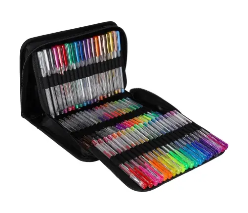 Krāsainas želejas pildspalvas futrālī 100 gab. + 100 uzpildes flakoni