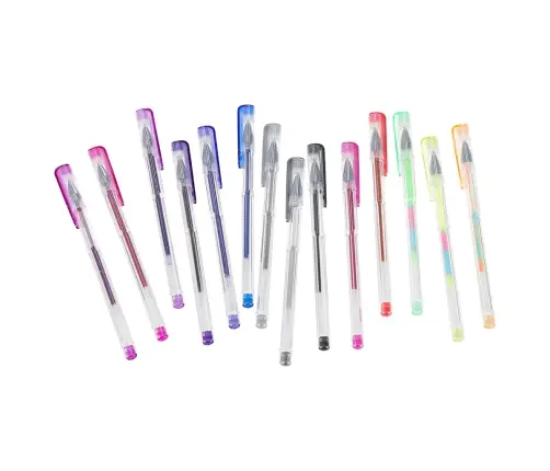 Krāsainas želejas pildspalvas futrālī 100 gab. + 100 uzpildes flakoni