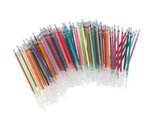 Krāsainas želejas pildspalvas futrālī 100 gab. + 100 uzpildes flakoni