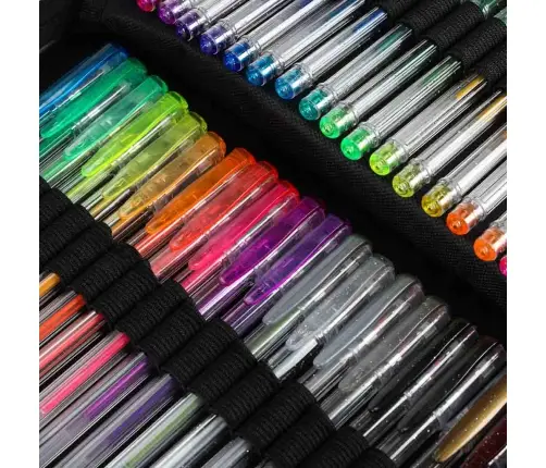 Krāsainas želejas pildspalvas futrālī 100 gab. + 100 uzpildes flakoni