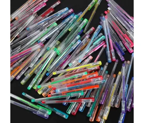 Krāsainas želejas pildspalvas futrālī 100 gab. + 100 uzpildes flakoni