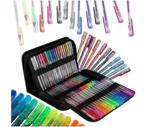 Krāsainas želejas pildspalvas futrālī 100 gab. + 100 uzpildes flakoni