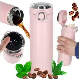 Termiskā krūze ar iemuti LED termoss 420ml rozā krāsā Termiskā krūze ar iemuti LED termoss 420ml rozā krāsā