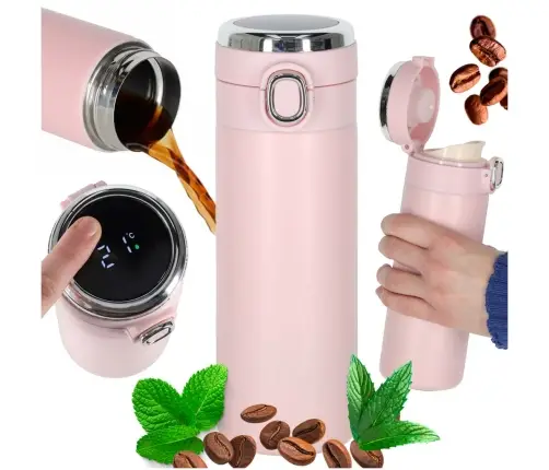 Termiskā krūze ar iemuti LED termoss 420ml rozā krāsā