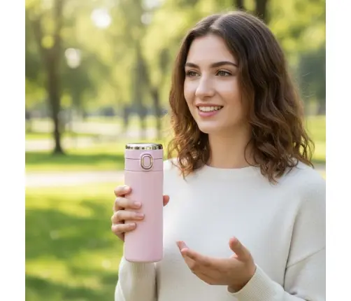 Termiskā krūze ar iemuti LED termoss 420ml rozā krāsā