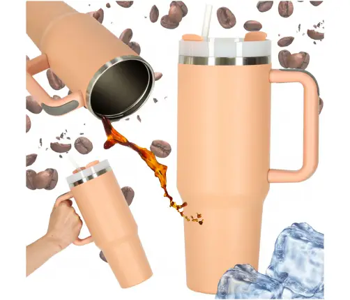 Termiskā krūze ar salmiņu un rokturi termoss 1200ml pulverveida rozā krāsā