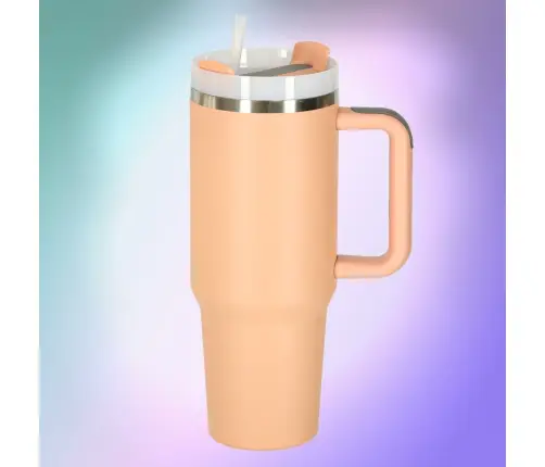 Termiskā krūze ar salmiņu un rokturi termoss 1200ml pulverveida rozā krāsā