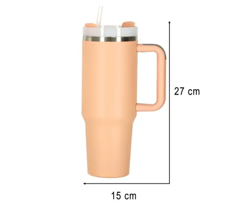Termiskā krūze ar salmiņu un rokturi termoss 1200ml pulverveida rozā krāsā