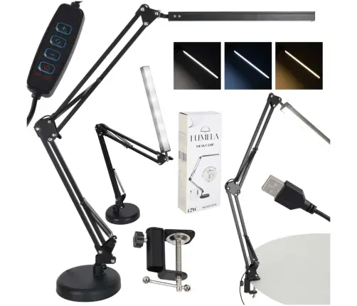 LED galda lampa USB grozāmā roka 2 stiprinājuma metodes