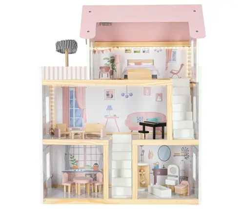 Koka leļļu mājas mēbeles 80cm rozā LED