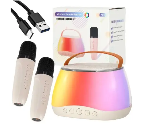 Karaoke komplekts Bluetooth skaļrunis LED RGB 2 mikrofoni USB
